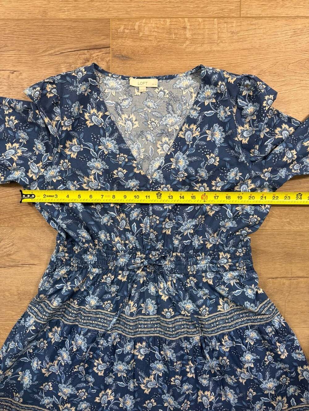 LOFT Petites Blue Floral Tiered Dress V Neck Long Sleeve Size XLP Boho - Picture 6 of 13